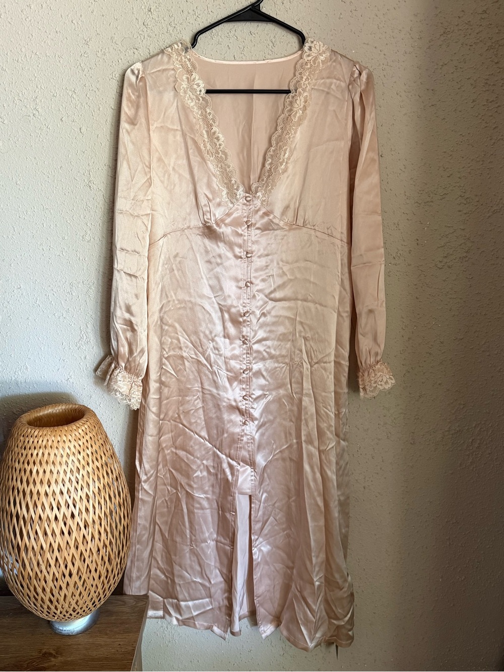 100% Silk Blush Lace Midi Dressing Gown